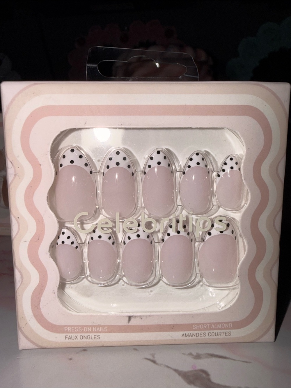 CelebriTips Short Almond Press-On Nails in Pale Pink with Black Polka Dot Accent
